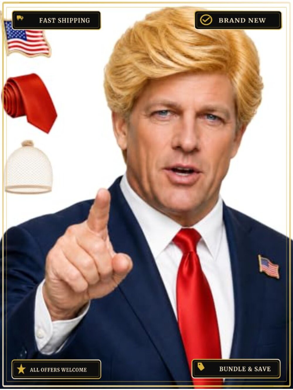 Blonde Costume Wig Set with Red Tie and Flag Pin Adult Halloween Cosplay